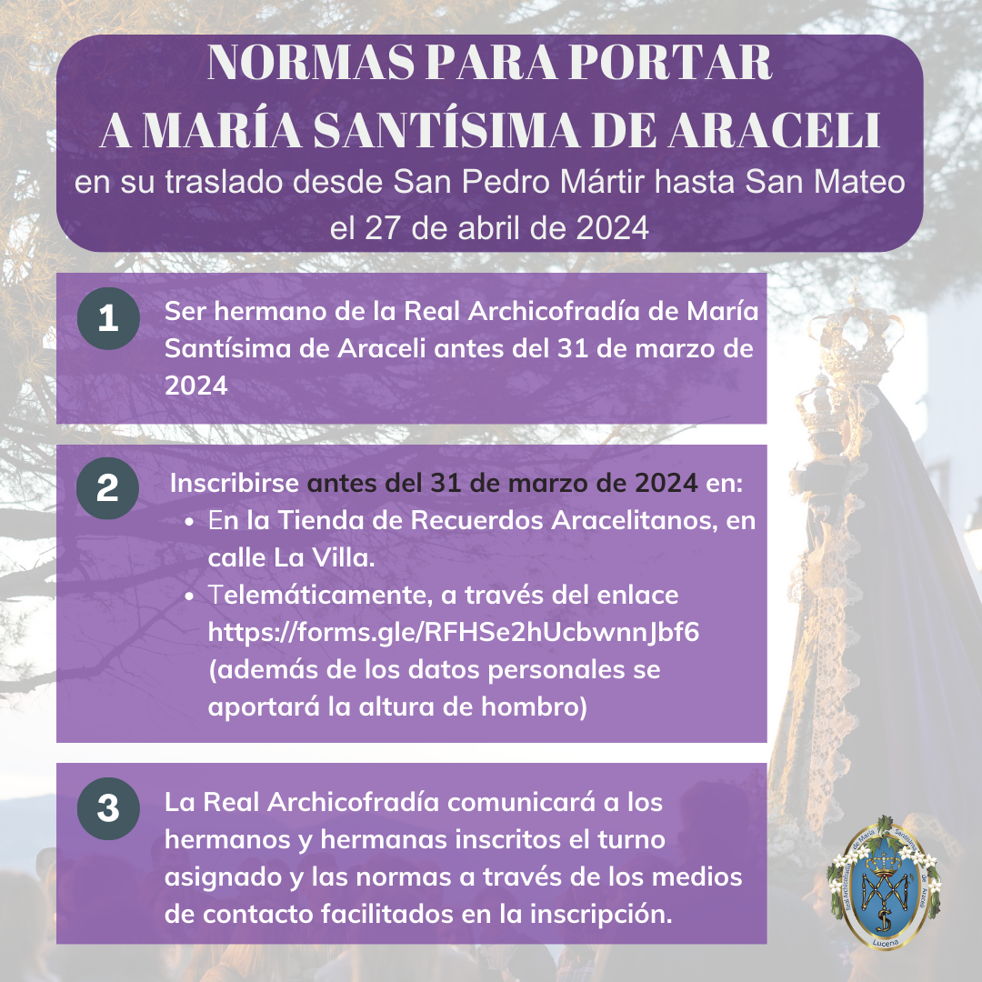 Los hermanos de la Cofradía portarán a la Virgen de Araceli en su traslado desde San Pedro Martir a San Mateo